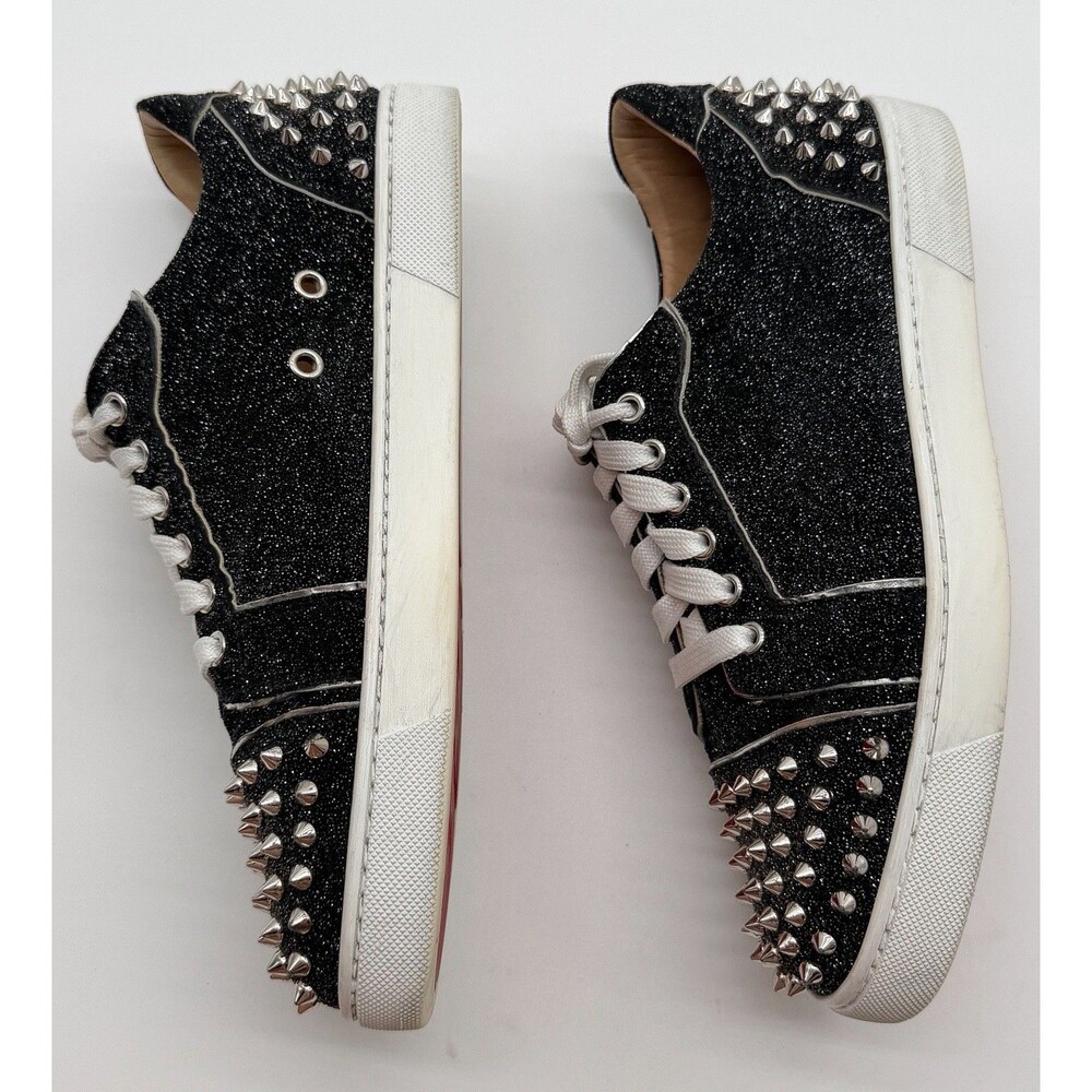 Christian Louboutin Vieira 2 Low Top Sneaker Black Glitter Silver Spikes EU 41 - Picture 5 of 15